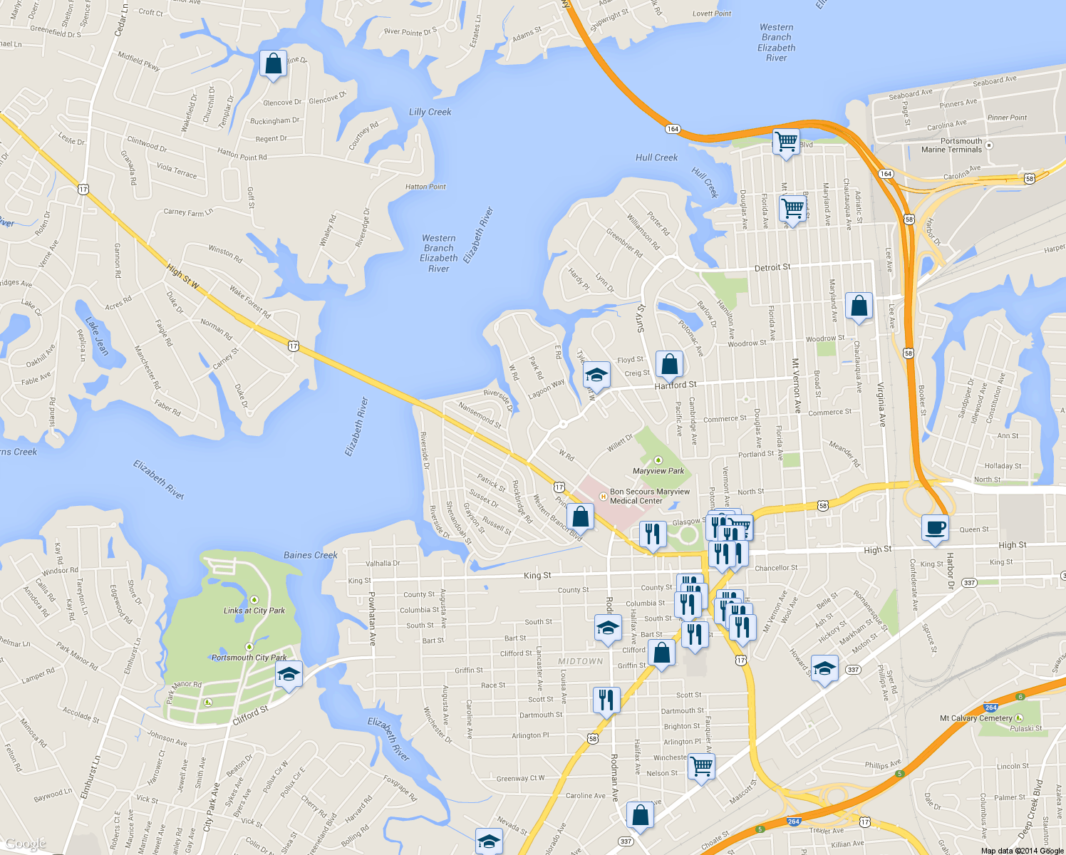 map of restaurants, bars, coffee shops, grocery stores, and more near 301 Sycamore Road in Portsmouth