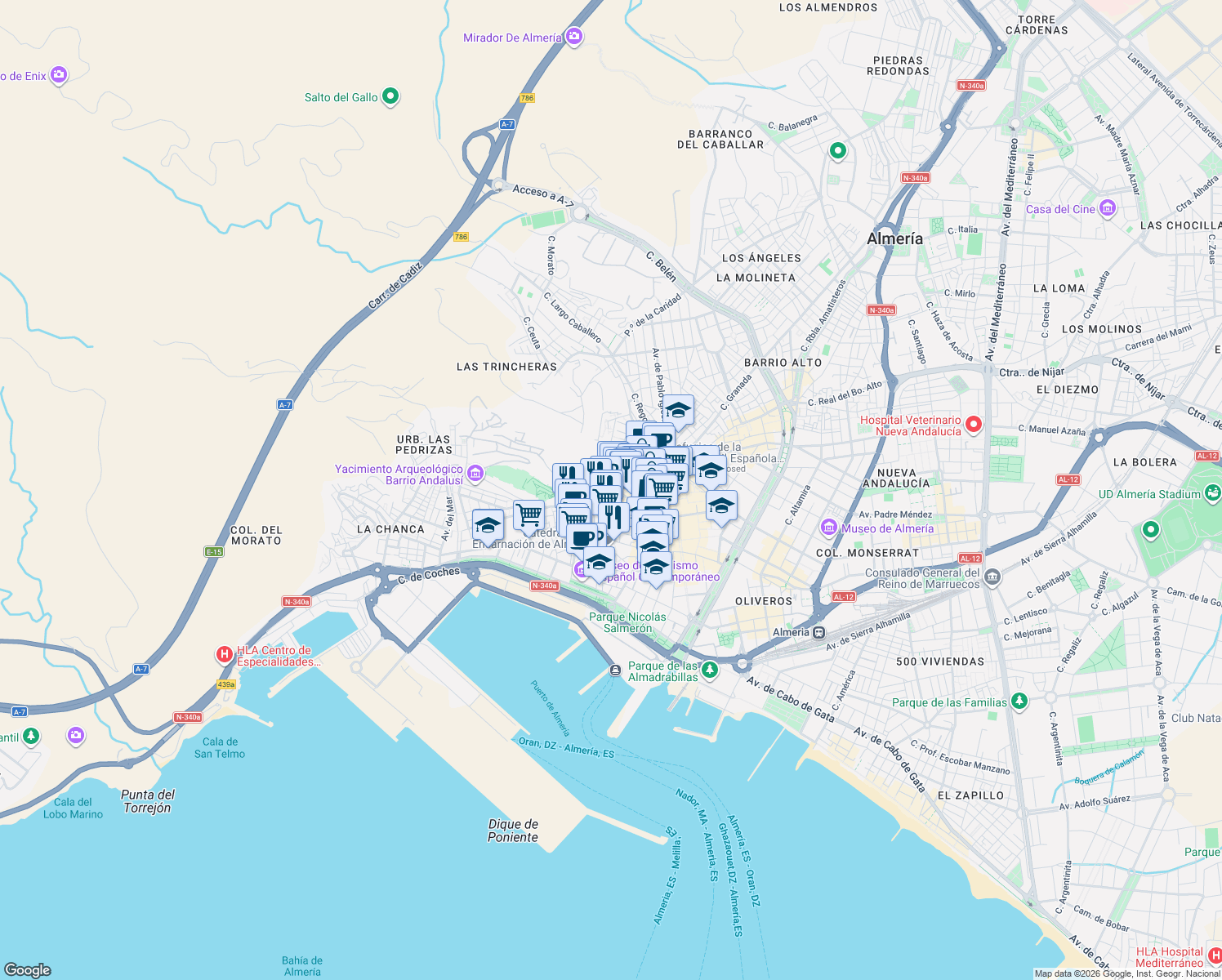 map of restaurants, bars, coffee shops, grocery stores, and more near Plaza de la Constitución in Almería