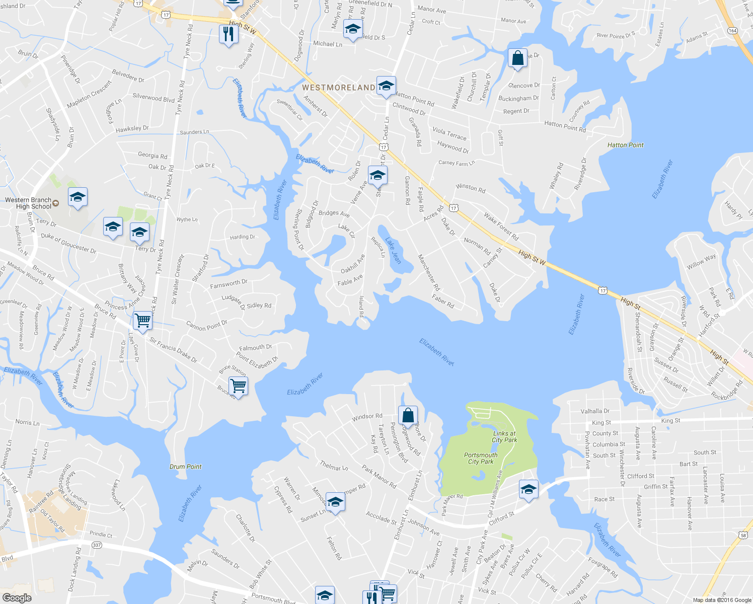map of restaurants, bars, coffee shops, grocery stores, and more near 3 Vacation Ln in Portsmouth