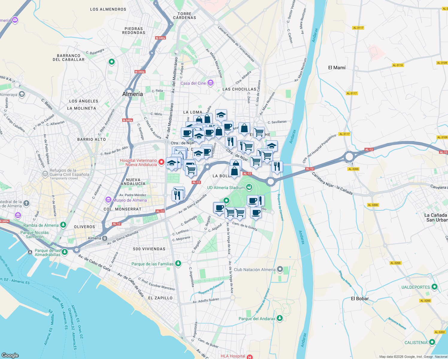 map of restaurants, bars, coffee shops, grocery stores, and more near 61 Carretera Molino Pepón in Almería