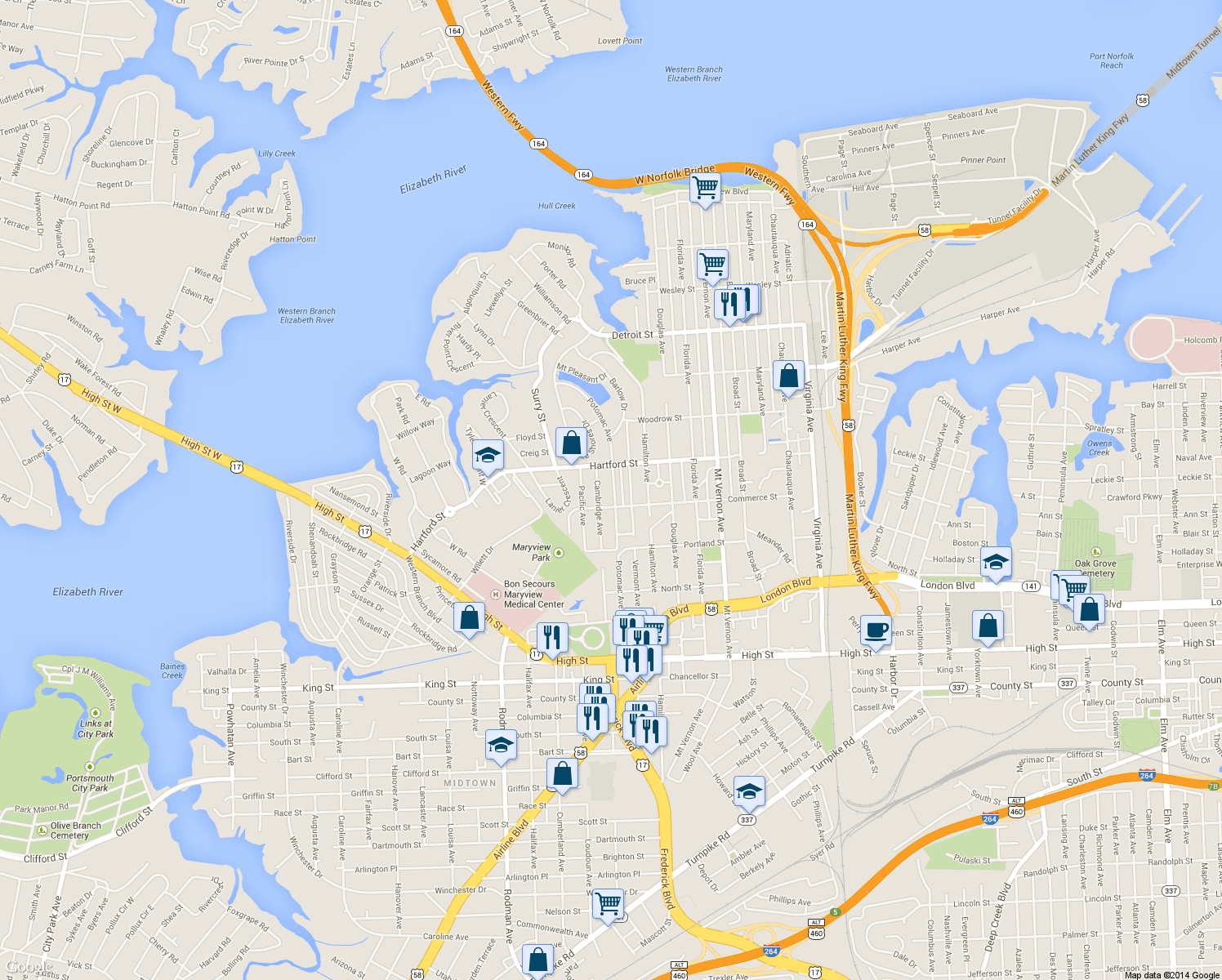 map of restaurants, bars, coffee shops, grocery stores, and more near 730 Potomac Ave in Portsmouth