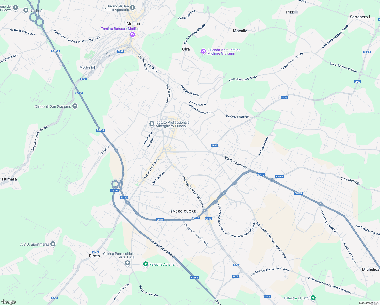 map of restaurants, bars, coffee shops, grocery stores, and more near 6913 Via Risorgimento in Modica