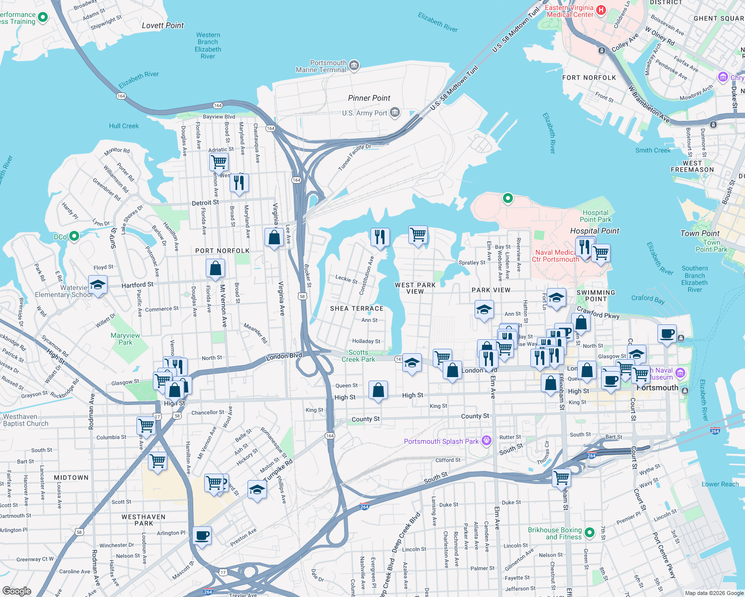 map of restaurants, bars, coffee shops, grocery stores, and more near 217 Jamestown Avenue in Portsmouth