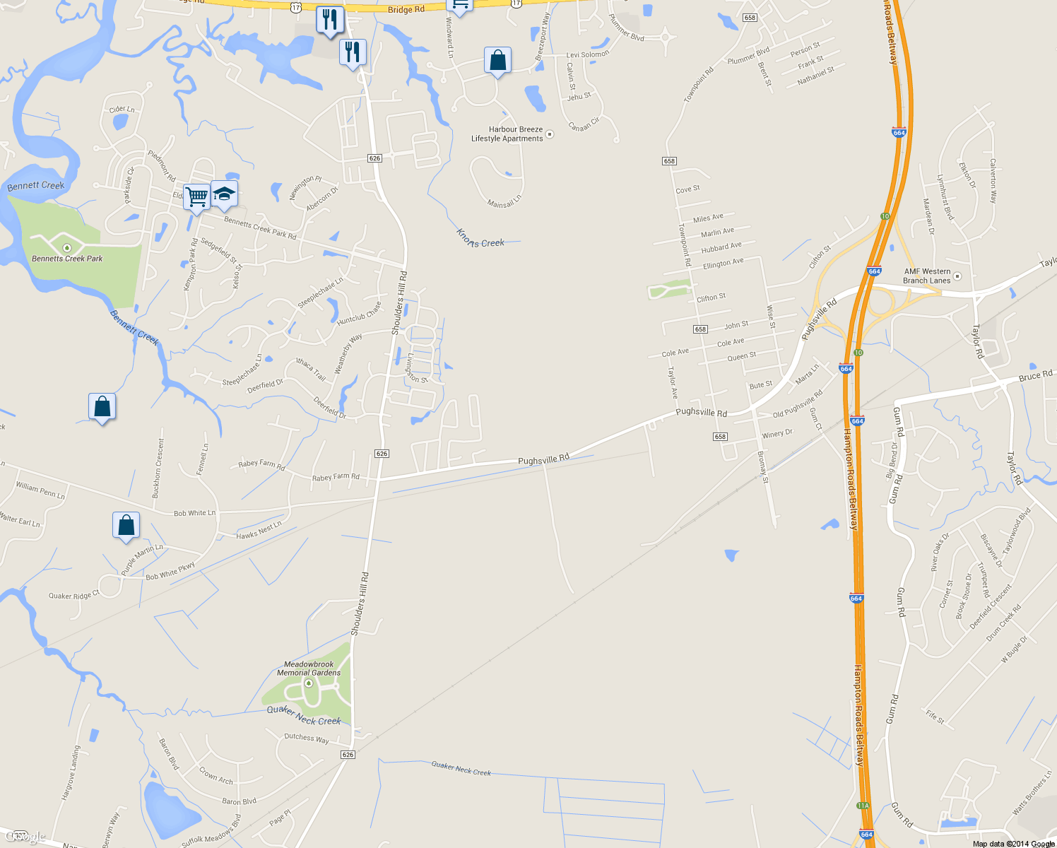 map of restaurants, bars, coffee shops, grocery stores, and more near 3964 Pughsville Rd in Suffolk