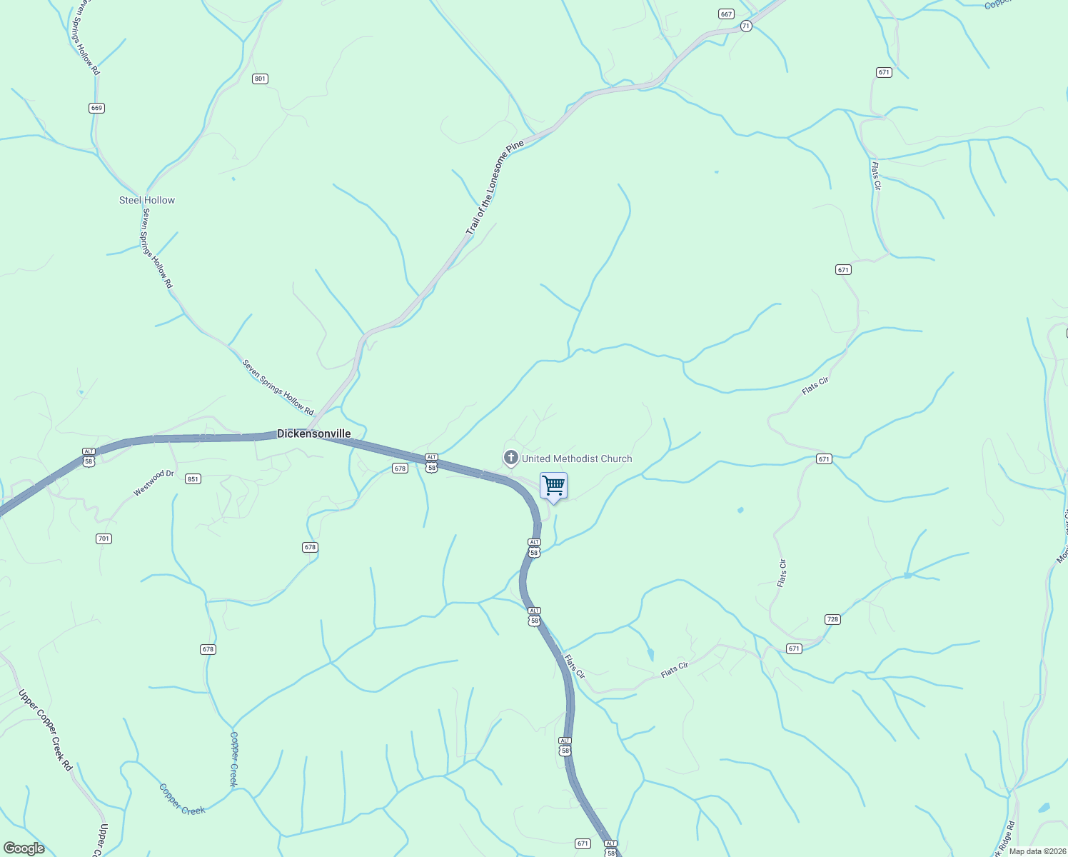 map of restaurants, bars, coffee shops, grocery stores, and more near 201-399 Cedar Rock Drive in Castlewood