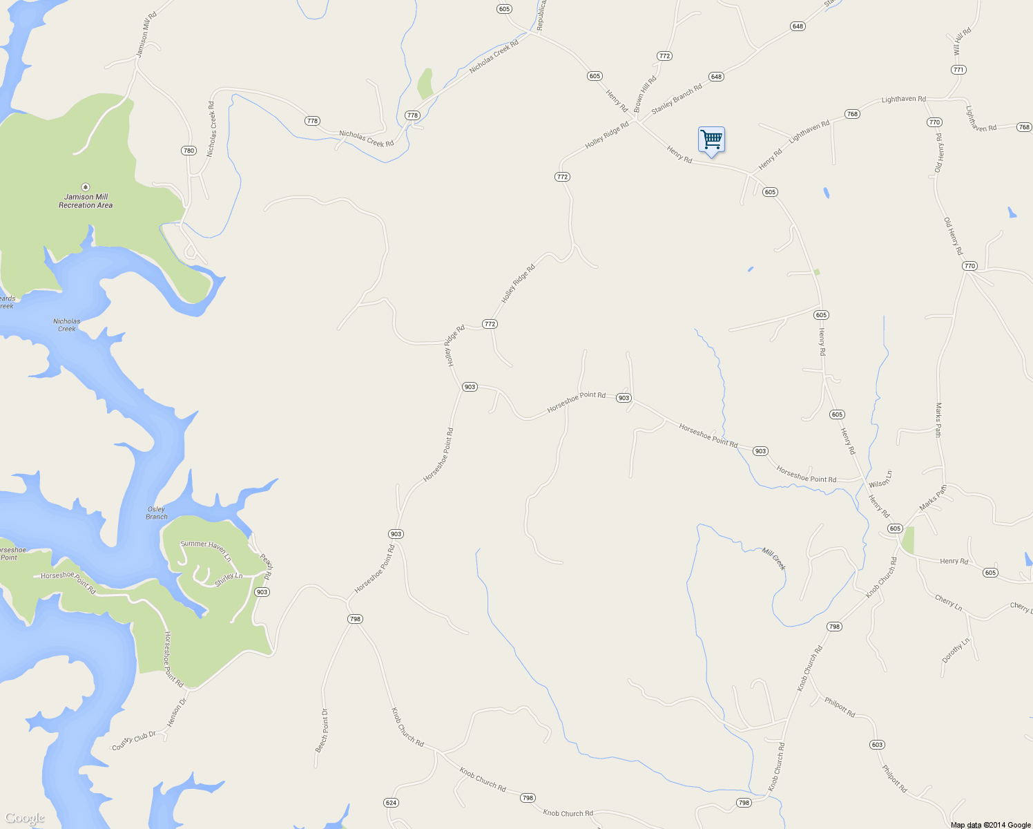 map of restaurants, bars, coffee shops, grocery stores, and more near 1320 Horseshoe Point Road in Henry