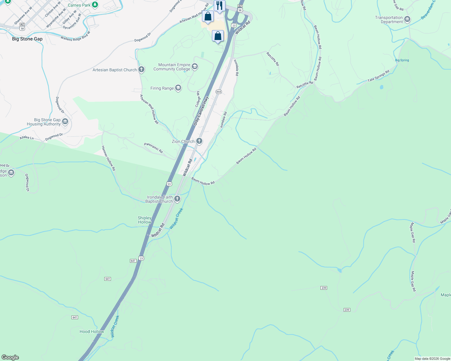 map of restaurants, bars, coffee shops, grocery stores, and more near 1358 Baum Hollow Road in Big Stone Gap