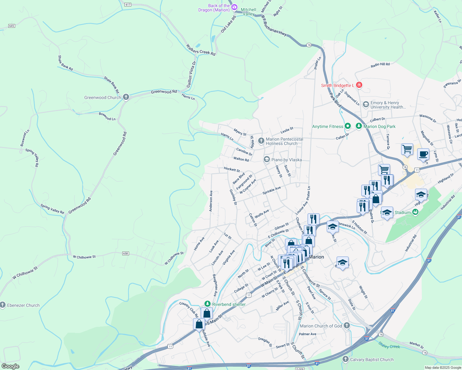 map of restaurants, bars, coffee shops, grocery stores, and more near 131 Race Blvd in Marion