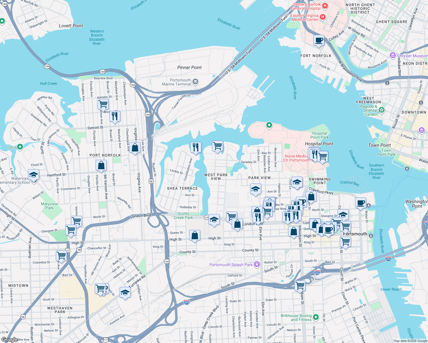 map of restaurants, bars, coffee shops, grocery stores, and more near 1700 McDaniel Street in Portsmouth