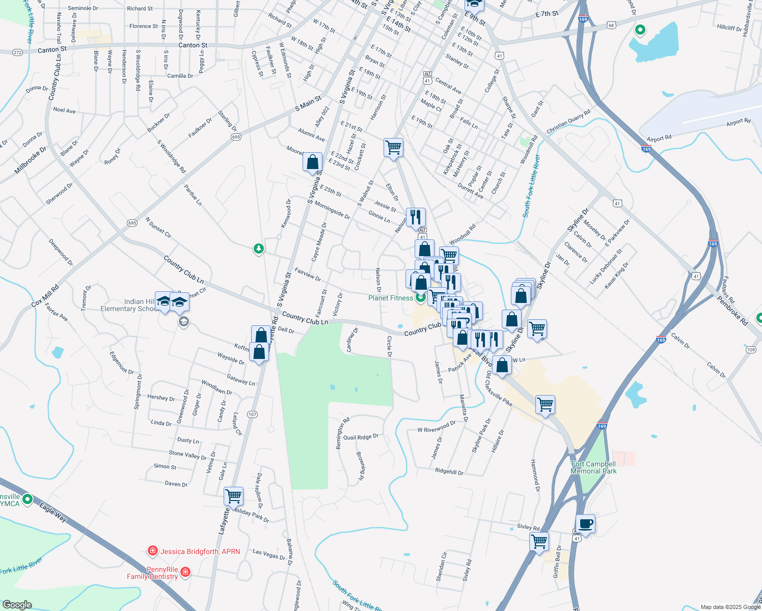 map of restaurants, bars, coffee shops, grocery stores, and more near 2833 Nelson Dr in Hopkinsville