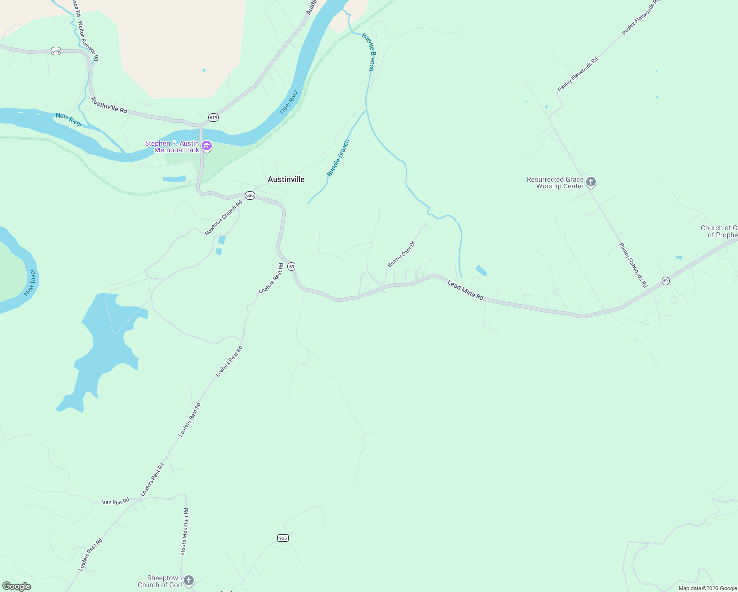 map of restaurants, bars, coffee shops, grocery stores, and more near Lead Mine Road in Austinville