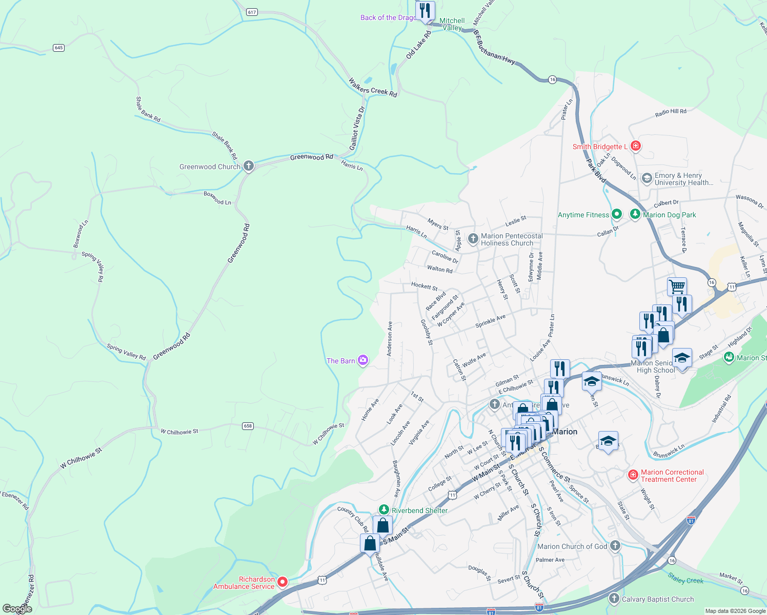 map of restaurants, bars, coffee shops, grocery stores, and more near 810 Anderson Ave in Marion