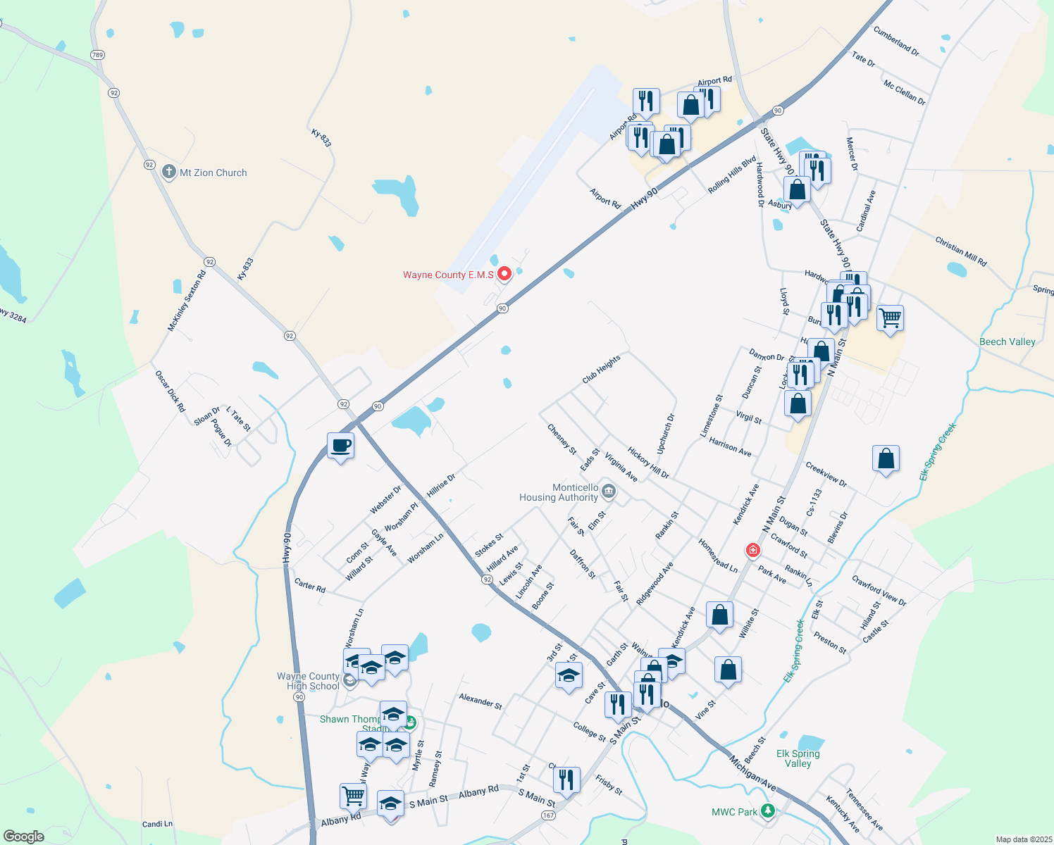 map of restaurants, bars, coffee shops, grocery stores, and more near 440 Hillrise Dr in Monticello