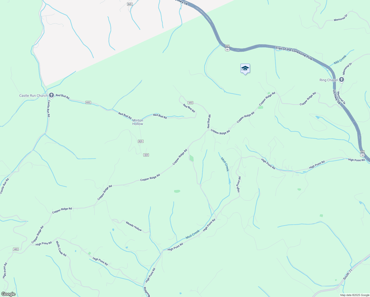 map of restaurants, bars, coffee shops, grocery stores, and more near State Route 604 in Castlewood