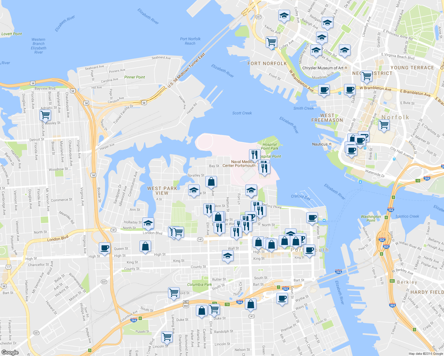 map of restaurants, bars, coffee shops, grocery stores, and more near 110 Riverview Avenue in Portsmouth