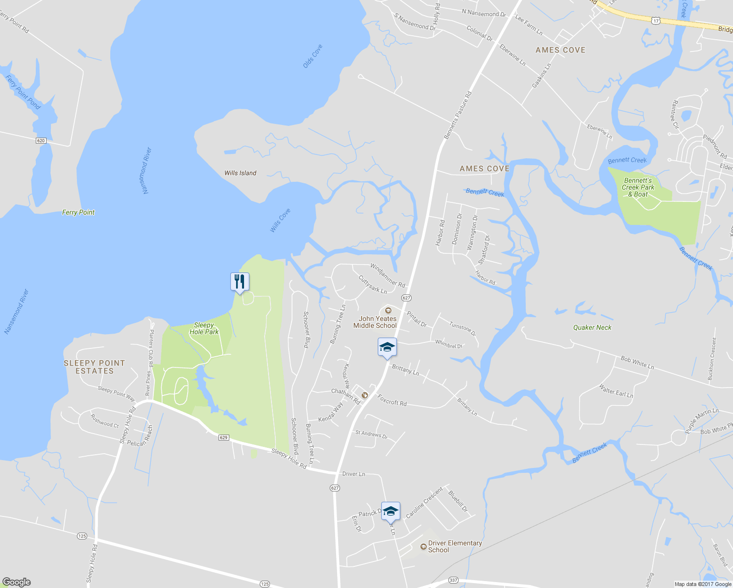map of restaurants, bars, coffee shops, grocery stores, and more near 2702 Windjammer Road in Suffolk