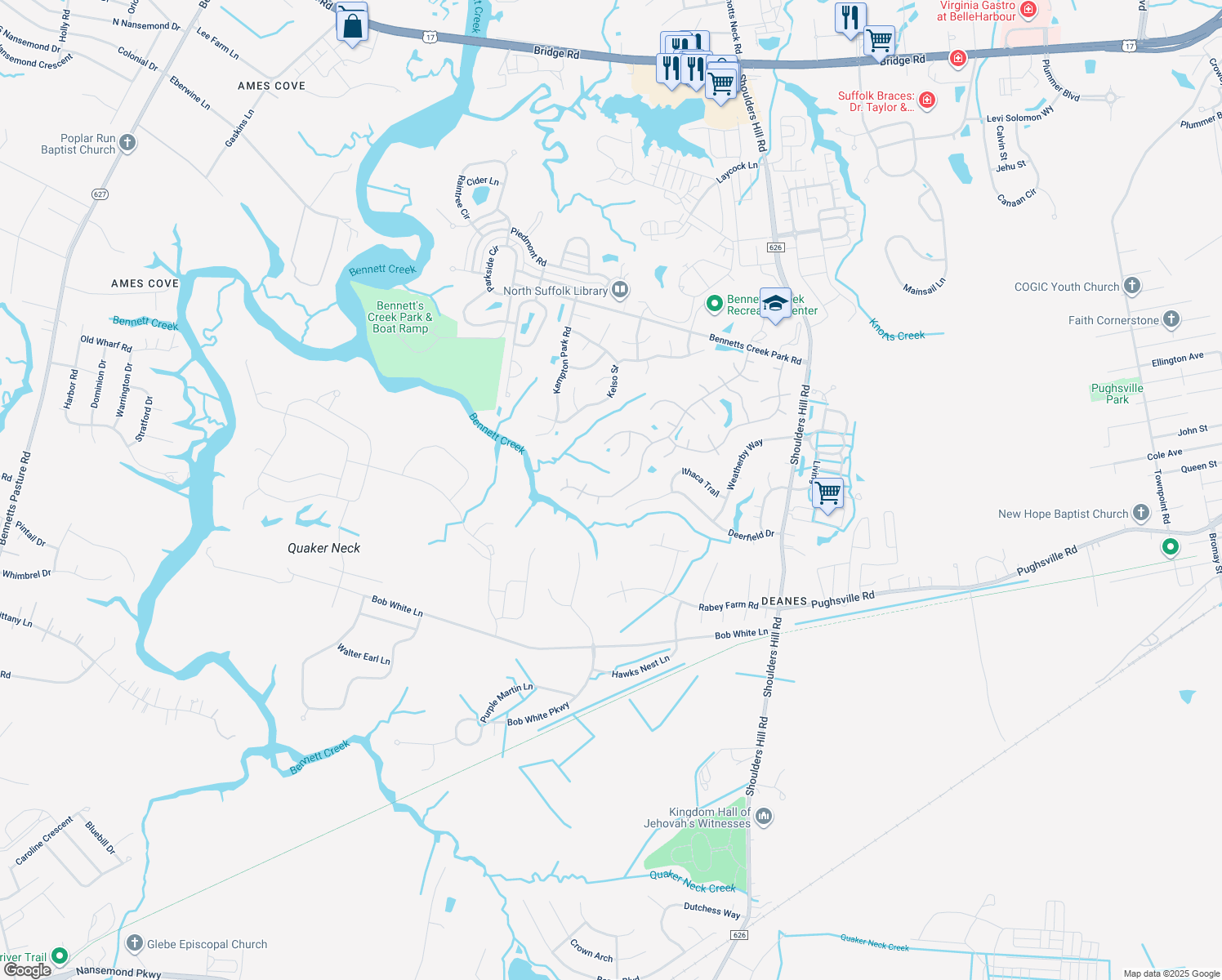map of restaurants, bars, coffee shops, grocery stores, and more near 6028 Steeplechase Lane in Suffolk