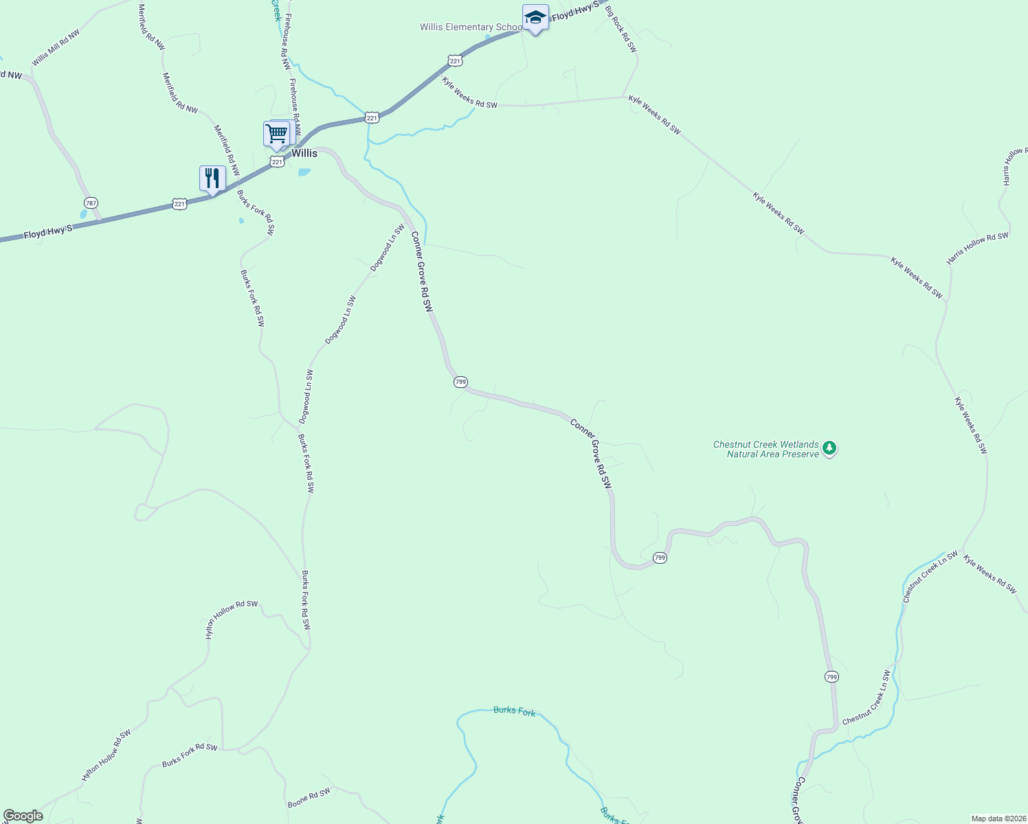 map of restaurants, bars, coffee shops, grocery stores, and more near 812 Conner Grove Road Southwest in Willis