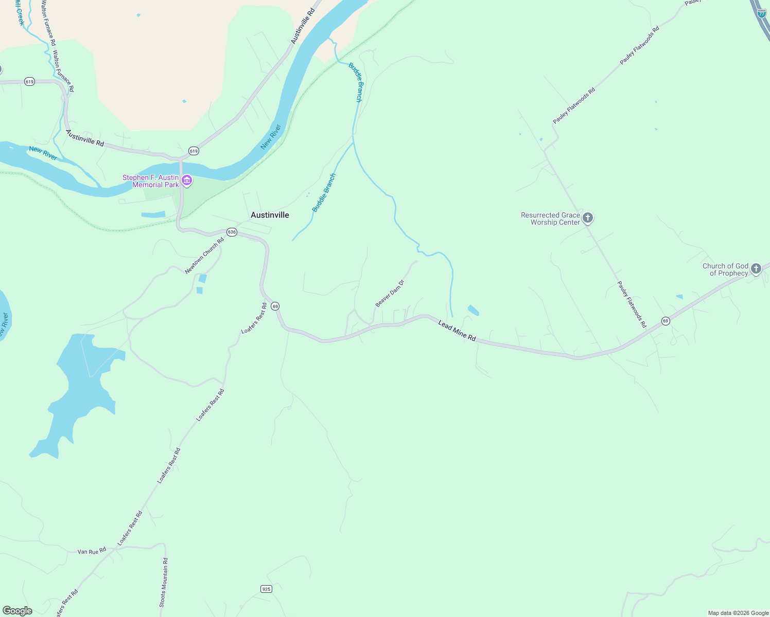 map of restaurants, bars, coffee shops, grocery stores, and more near Lead Mine Rd in Austinville