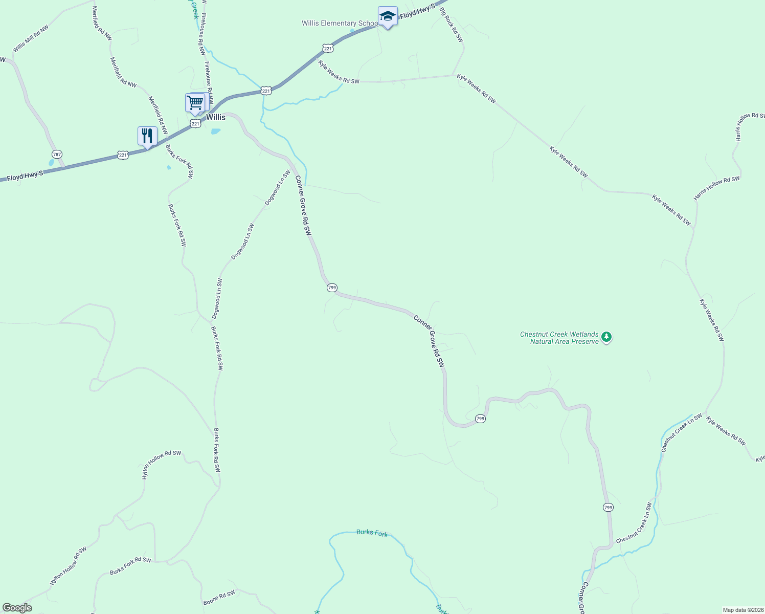 map of restaurants, bars, coffee shops, grocery stores, and more near 812 Conner Grove Road Southwest in Willis
