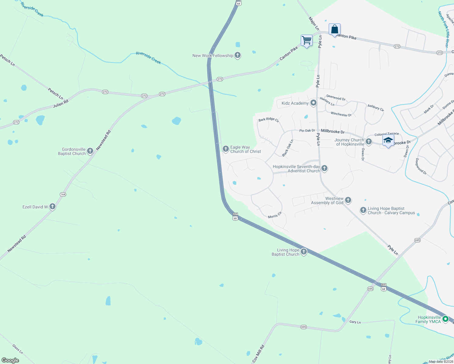 map of restaurants, bars, coffee shops, grocery stores, and more near 1437 Shallow Lake Cir in Hopkinsville