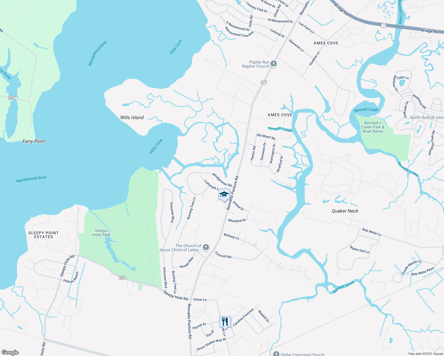 map of restaurants, bars, coffee shops, grocery stores, and more near 2820 Windjammer Road in Suffolk