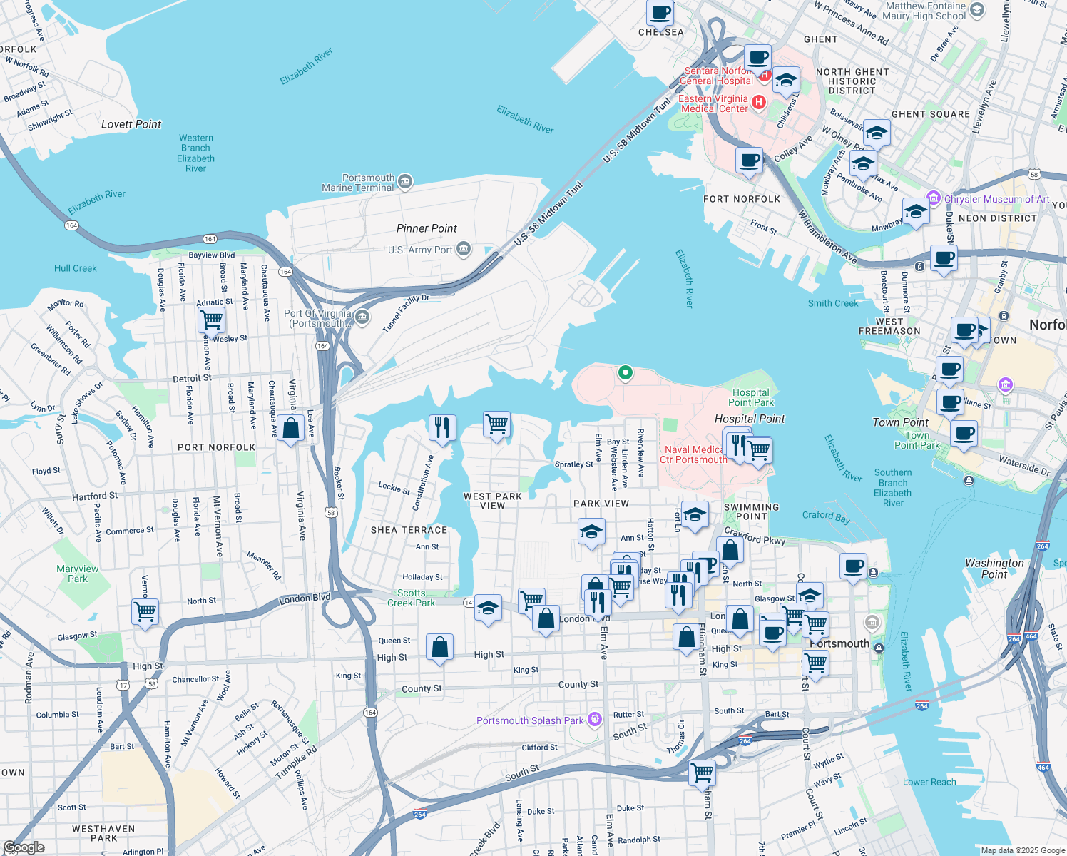map of restaurants, bars, coffee shops, grocery stores, and more near 1516 Mathews Terrace in Portsmouth