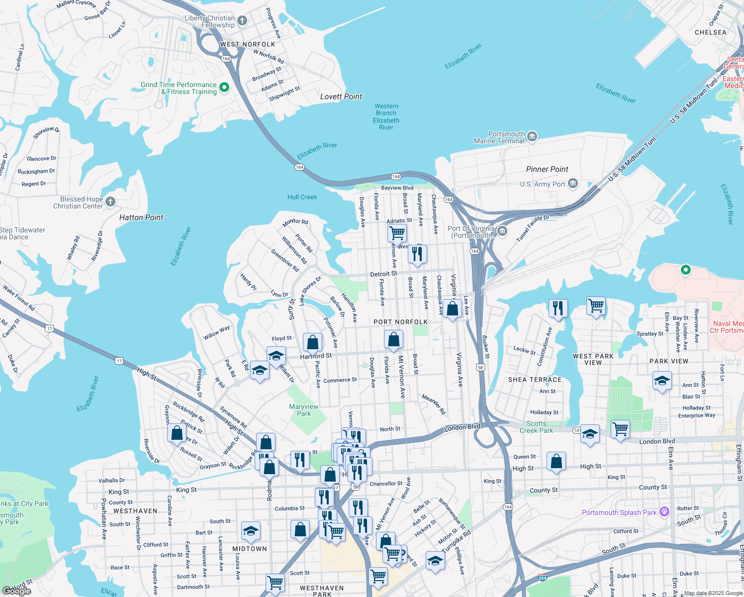 map of restaurants, bars, coffee shops, grocery stores, and more near 459 Douglas Avenue in Portsmouth