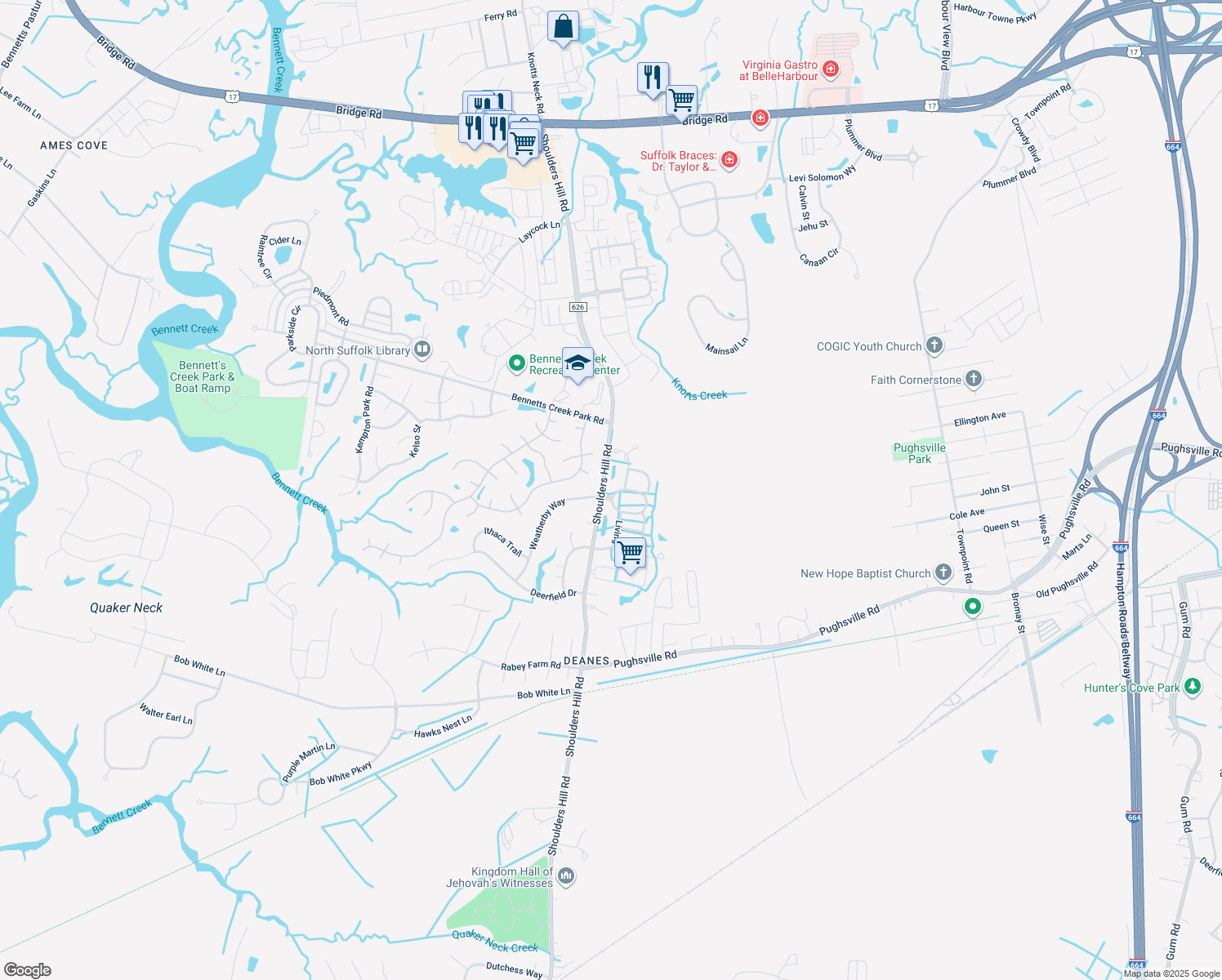 map of restaurants, bars, coffee shops, grocery stores, and more near 1412 Island Park Circle in Suffolk