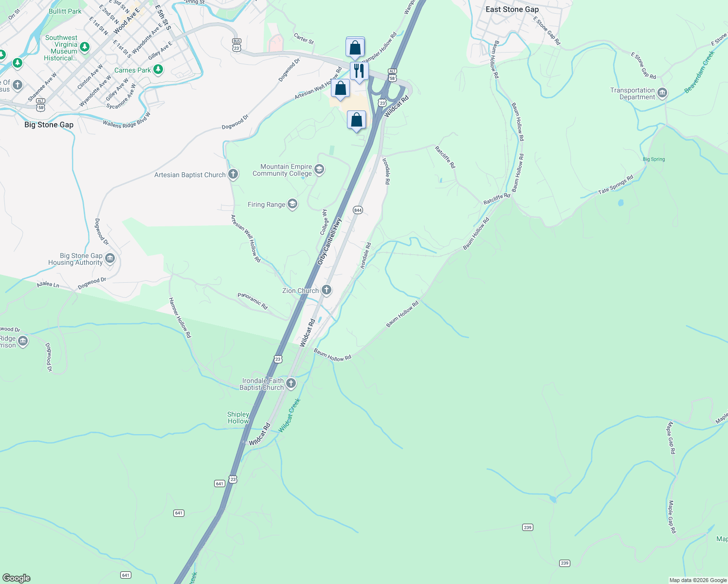map of restaurants, bars, coffee shops, grocery stores, and more near 1514 State Route 668 in Big Stone Gap