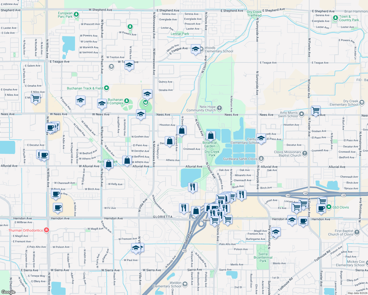 map of restaurants, bars, coffee shops, grocery stores, and more near 941 North Dewitt Avenue in Clovis