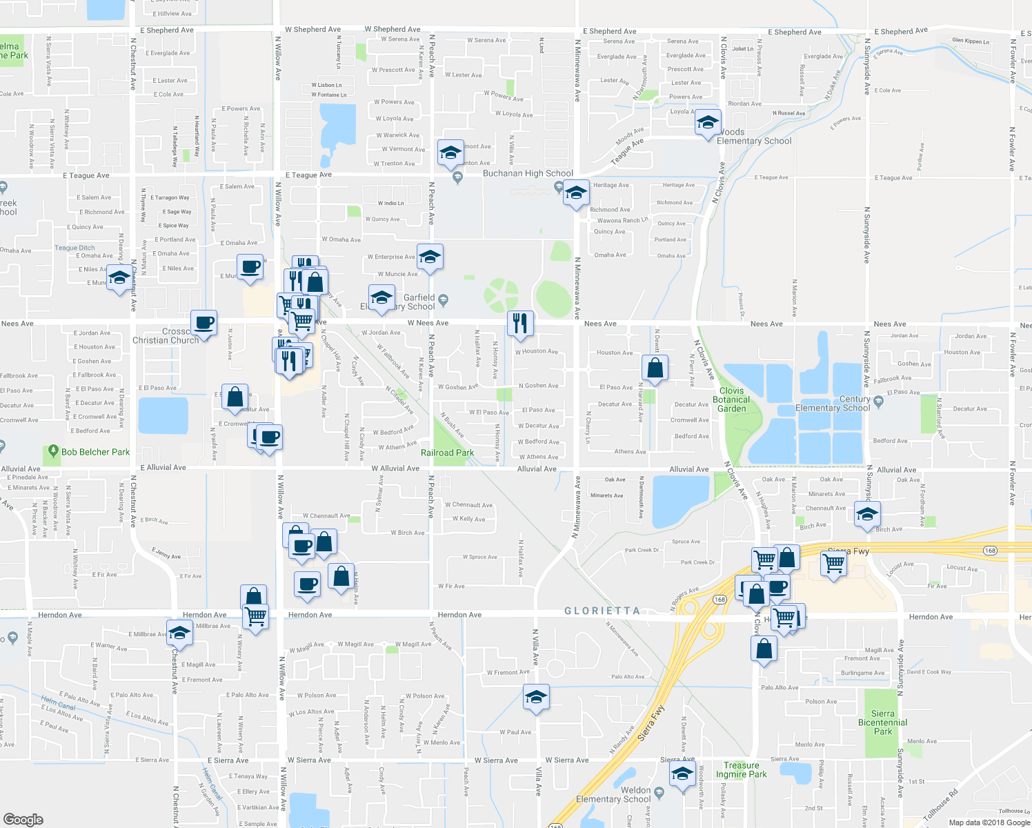 map of restaurants, bars, coffee shops, grocery stores, and more near 166 El Paso Avenue in Clovis