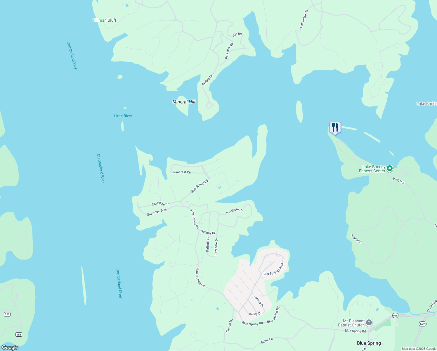 map of restaurants, bars, coffee shops, grocery stores, and more near Blue Spring Road in Cadiz
