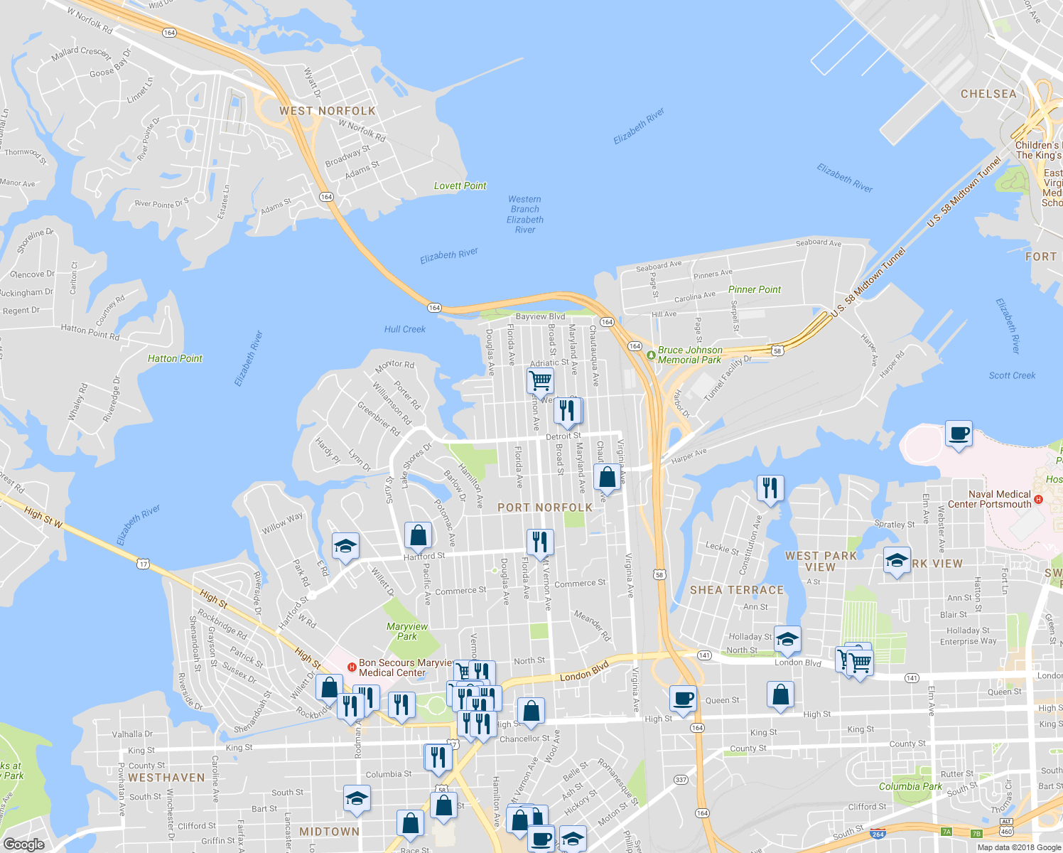 map of restaurants, bars, coffee shops, grocery stores, and more near 342 Mt Vernon Ave in Portsmouth