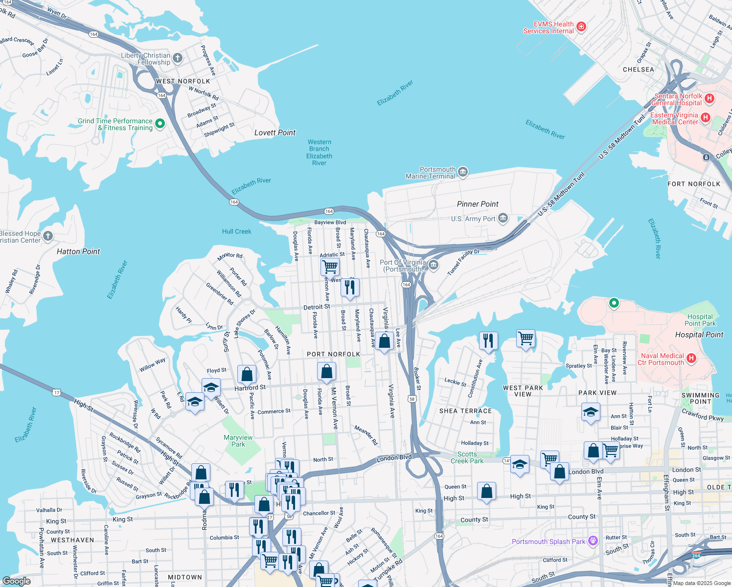 map of restaurants, bars, coffee shops, grocery stores, and more near 326 Chautauqua Avenue in Portsmouth