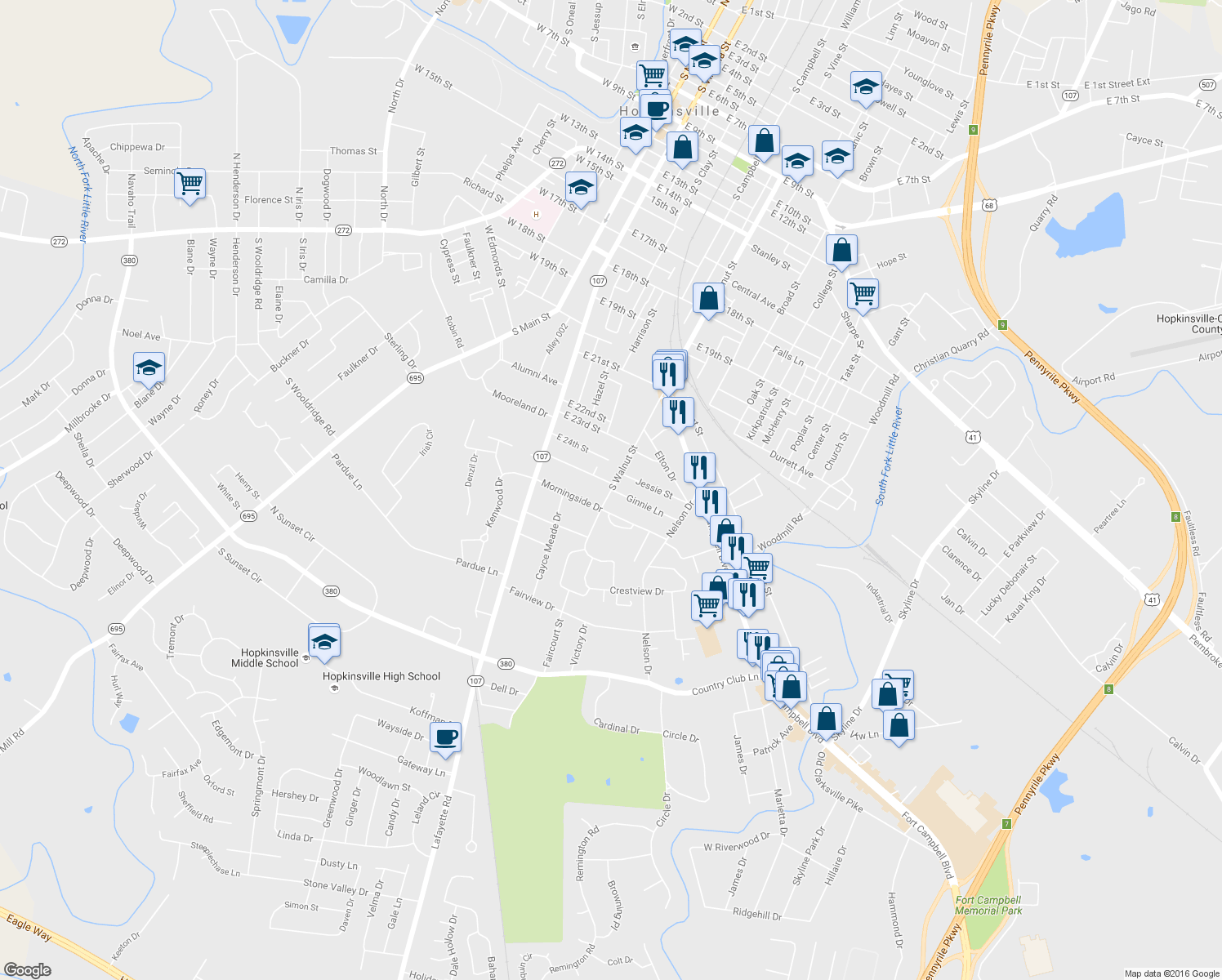map of restaurants, bars, coffee shops, grocery stores, and more near 2503 South Walnut Street in Hopkinsville