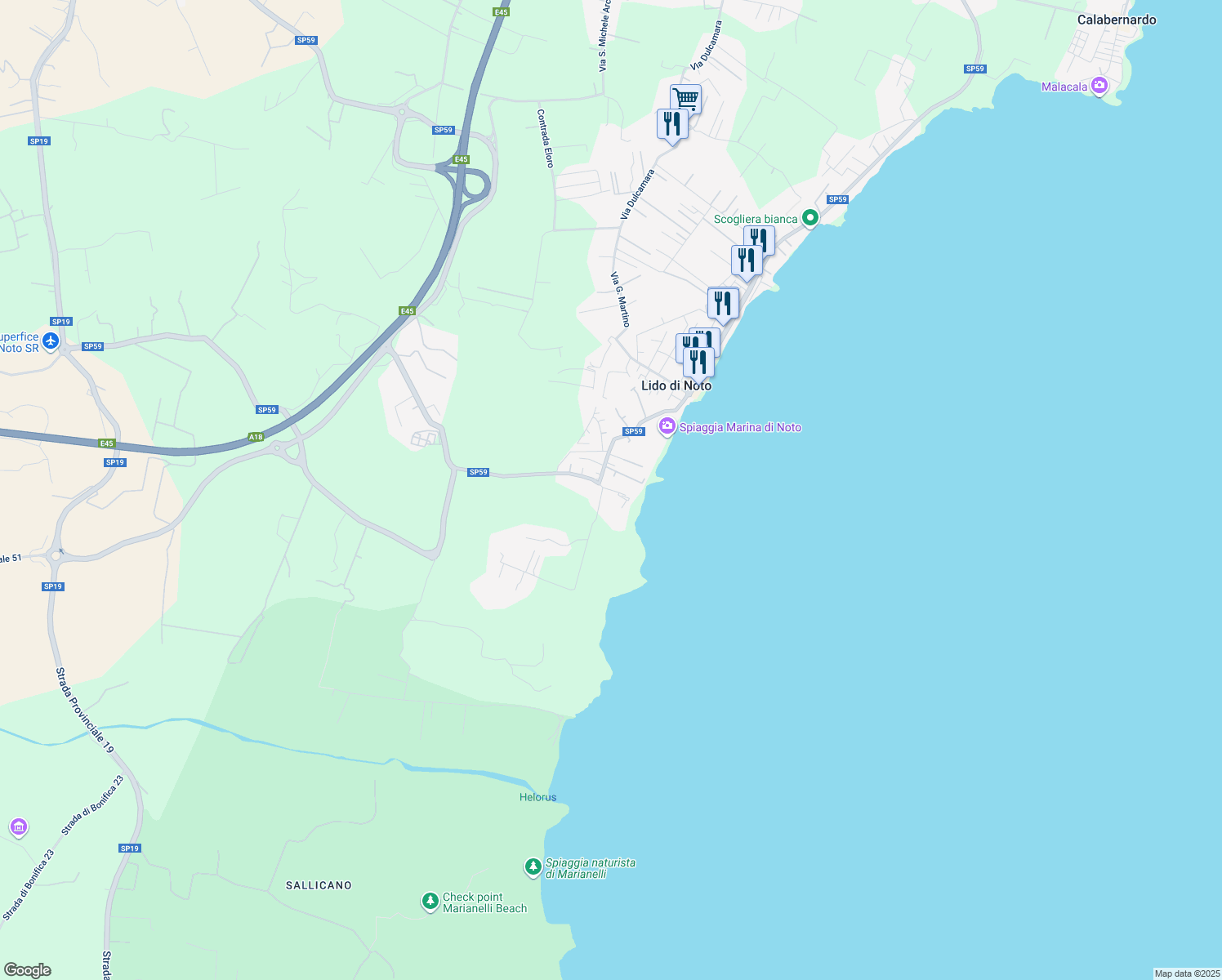 map of restaurants, bars, coffee shops, grocery stores, and more near 19 Provincia Regionale di Siracusa in Lido di Noto
