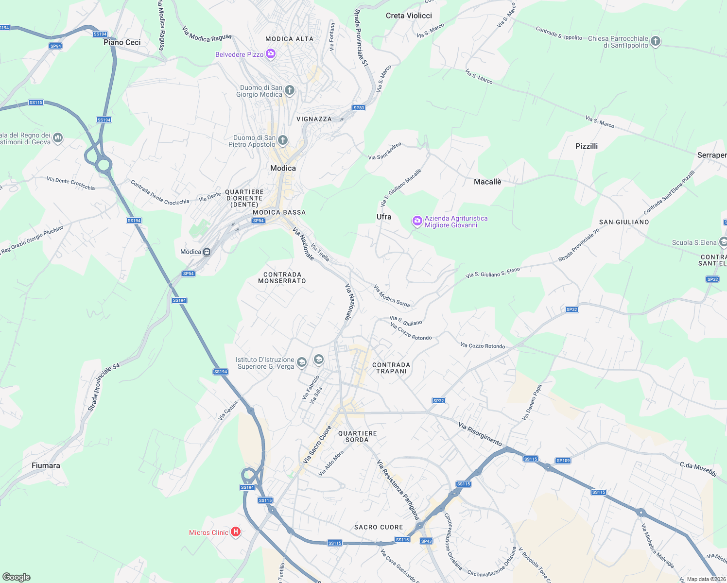 map of restaurants, bars, coffee shops, grocery stores, and more near 331 Via Trani in Modica