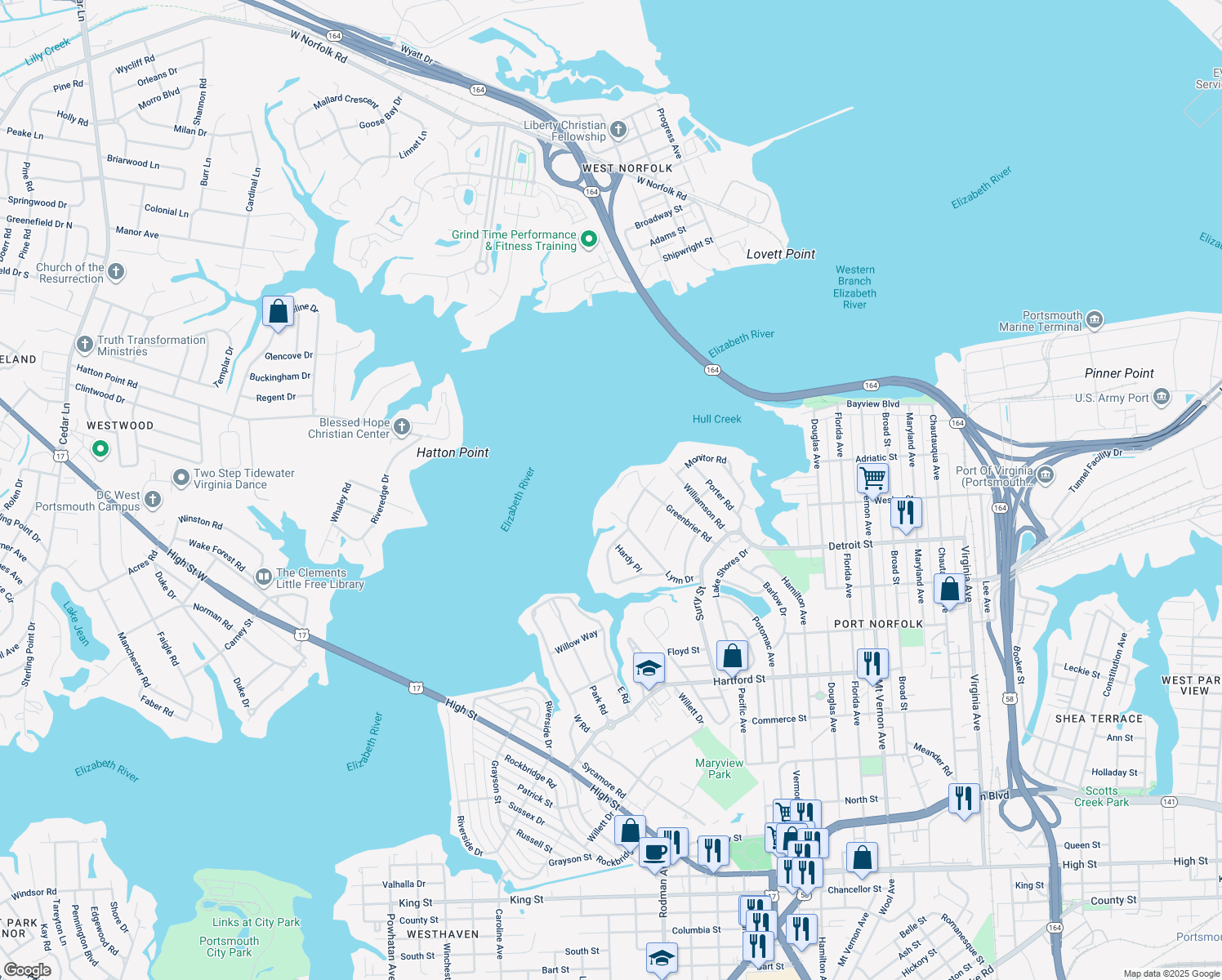 map of restaurants, bars, coffee shops, grocery stores, and more near 19 Warwick Street in Portsmouth