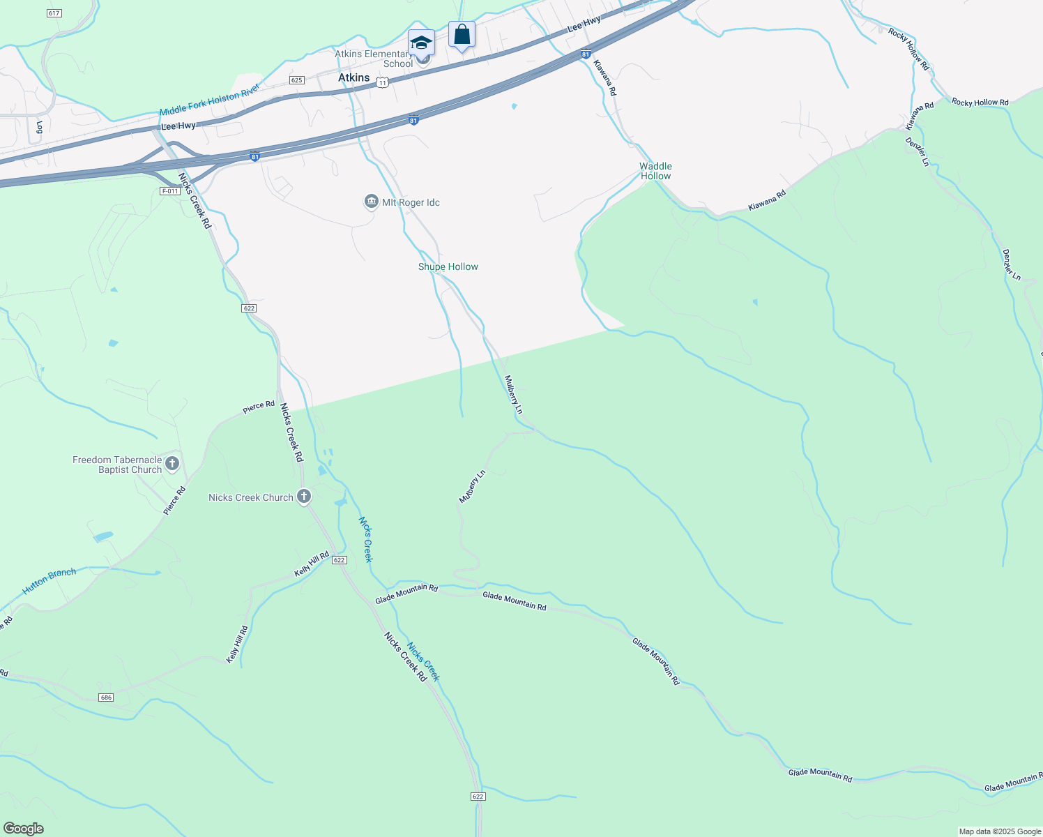 map of restaurants, bars, coffee shops, grocery stores, and more near 596-666 Mulberry Lane in Atkins
