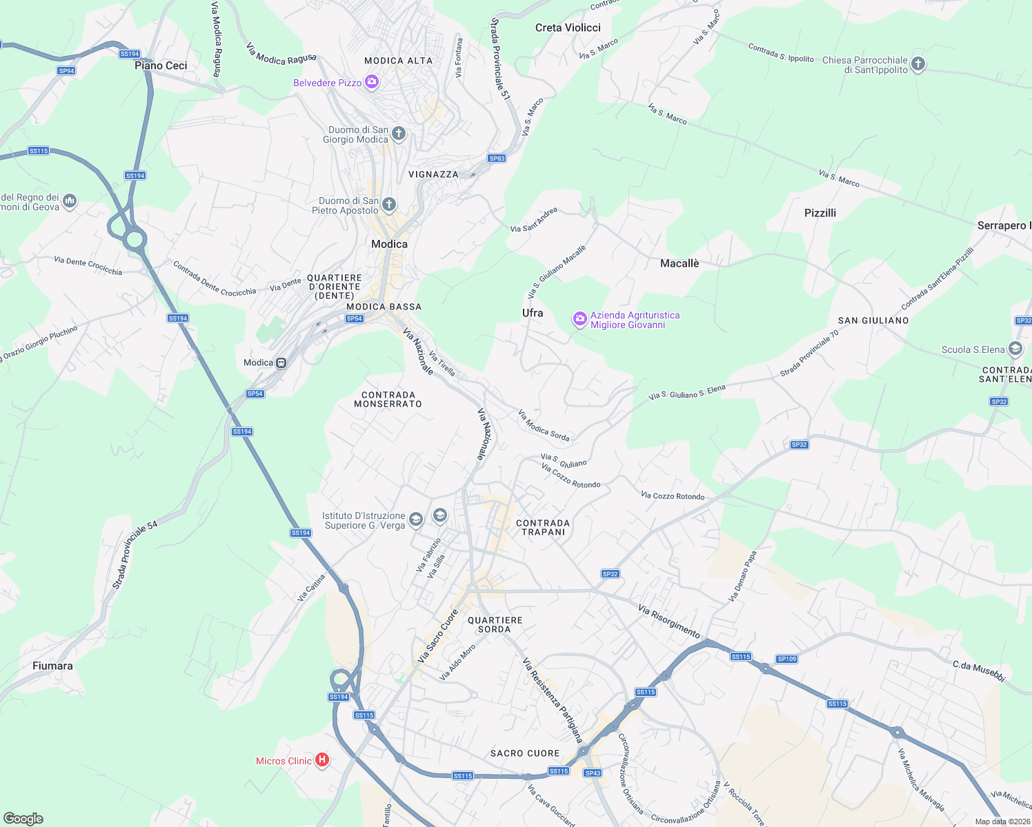 map of restaurants, bars, coffee shops, grocery stores, and more near 331 Via Trani in Modica