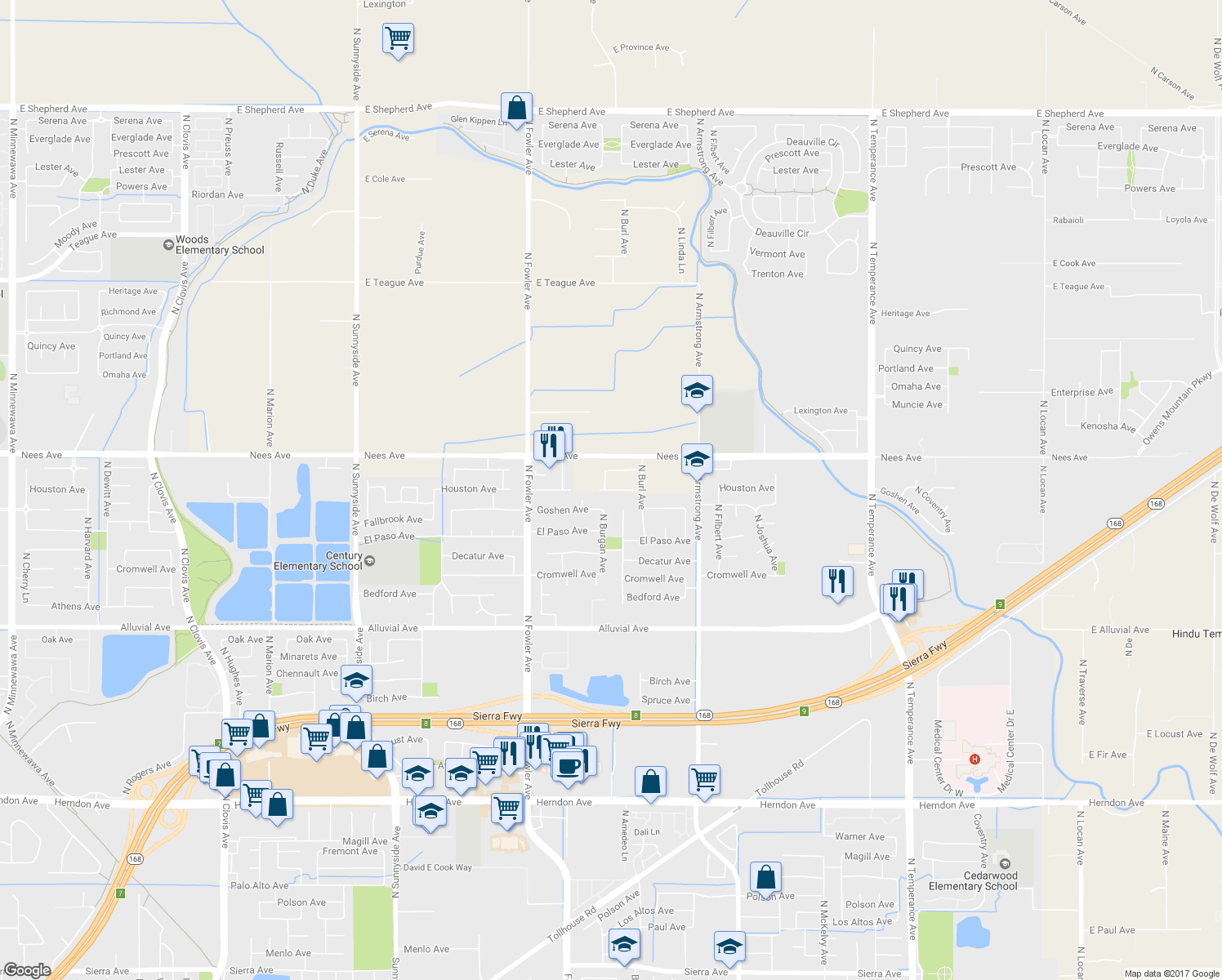 map of restaurants, bars, coffee shops, grocery stores, and more near 2046 Houston Avenue in Clovis