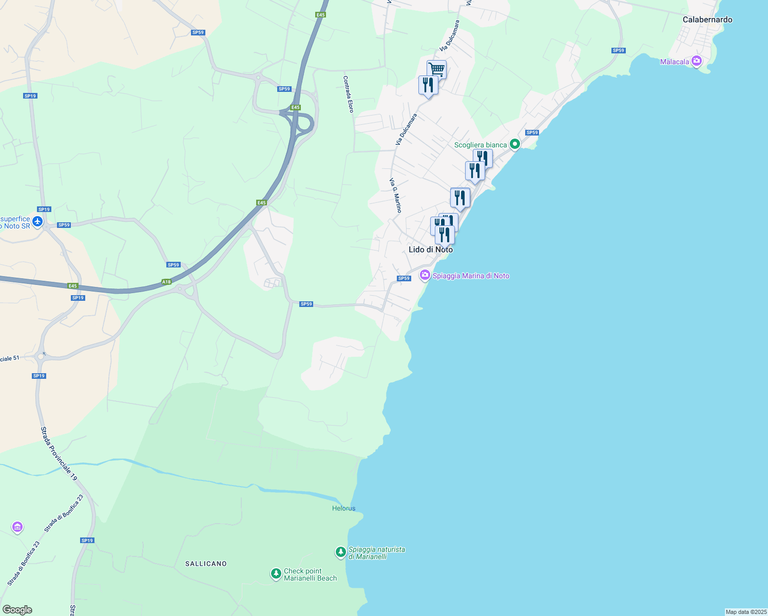 map of restaurants, bars, coffee shops, grocery stores, and more near 19 SP59 in Lido di Noto