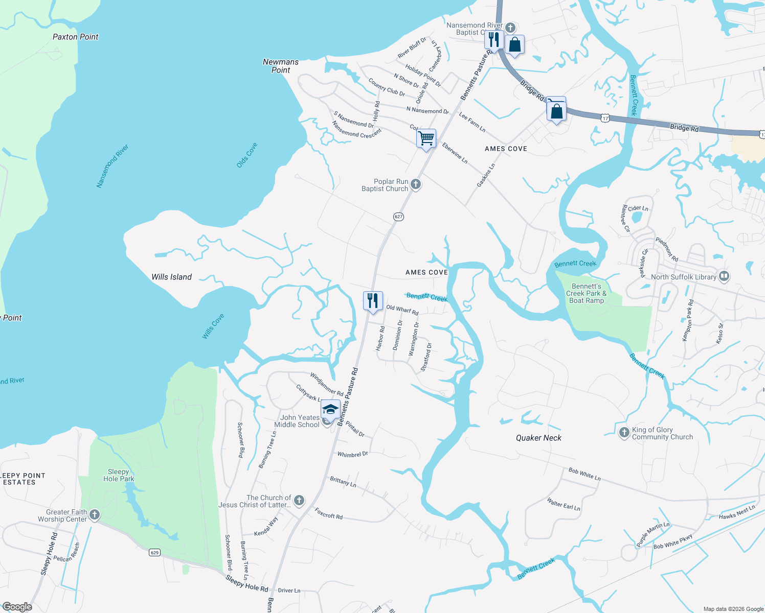 map of restaurants, bars, coffee shops, grocery stores, and more near 5145 North Harbor Road in Suffolk