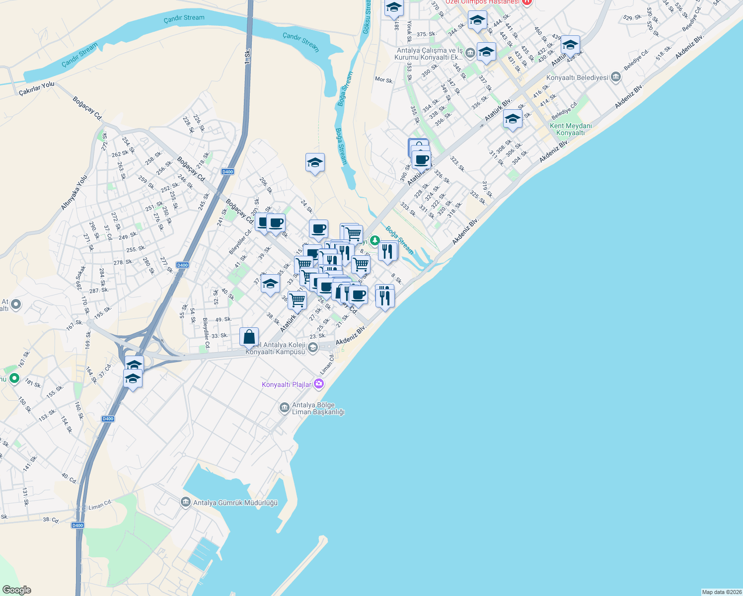 map of restaurants, bars, coffee shops, grocery stores, and more near 8 3. Sokak in Konyaaltı