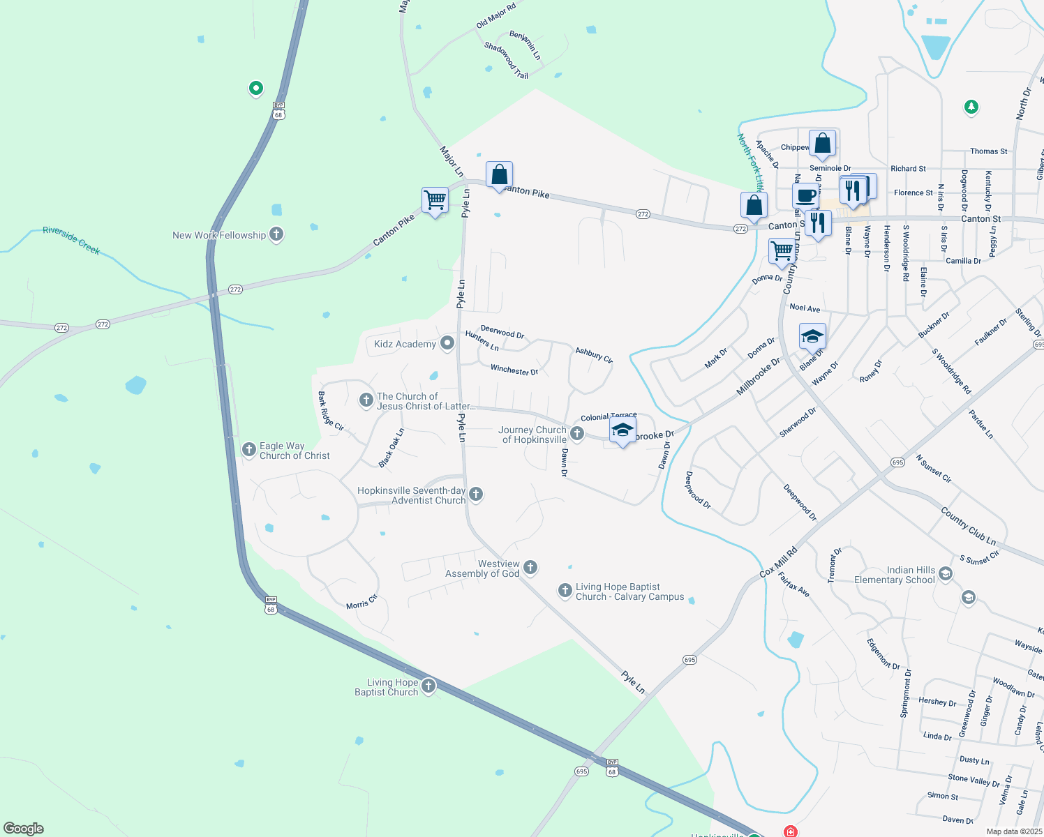 map of restaurants, bars, coffee shops, grocery stores, and more near 605 Millbrooke Dr in Hopkinsville