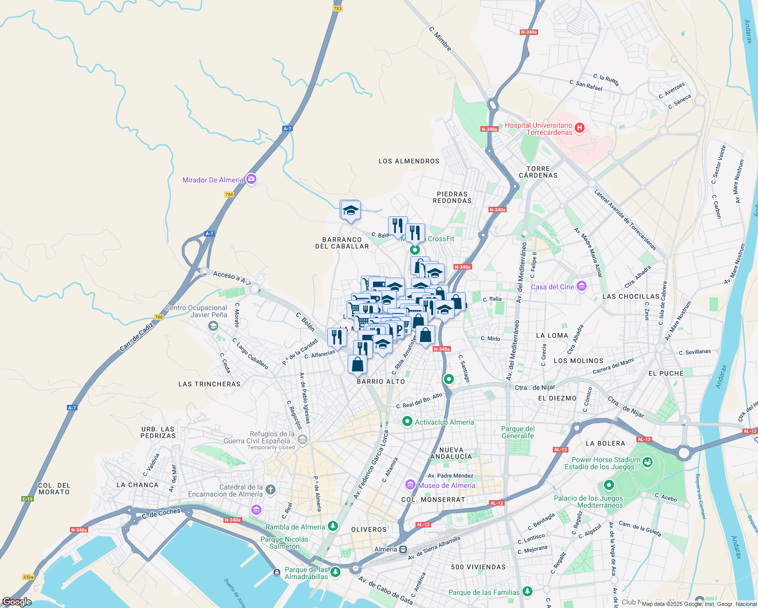 map of restaurants, bars, coffee shops, grocery stores, and more near 2 Calle San Martín in Almería