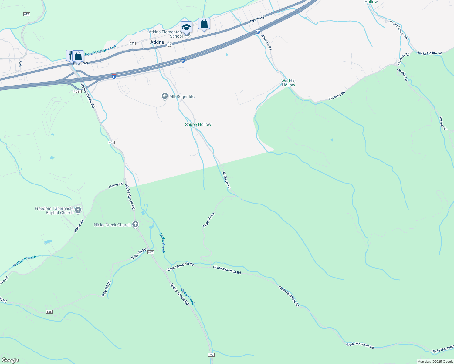 map of restaurants, bars, coffee shops, grocery stores, and more near 596 Mulberry Lane in Atkins