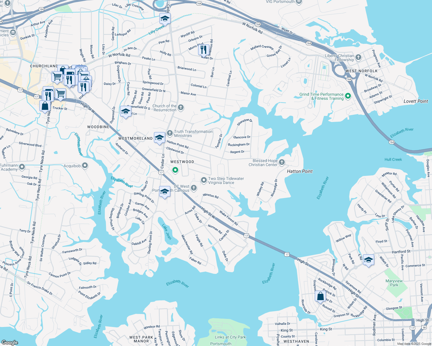 map of restaurants, bars, coffee shops, grocery stores, and more near 53 Wayland Dr in Portsmouth