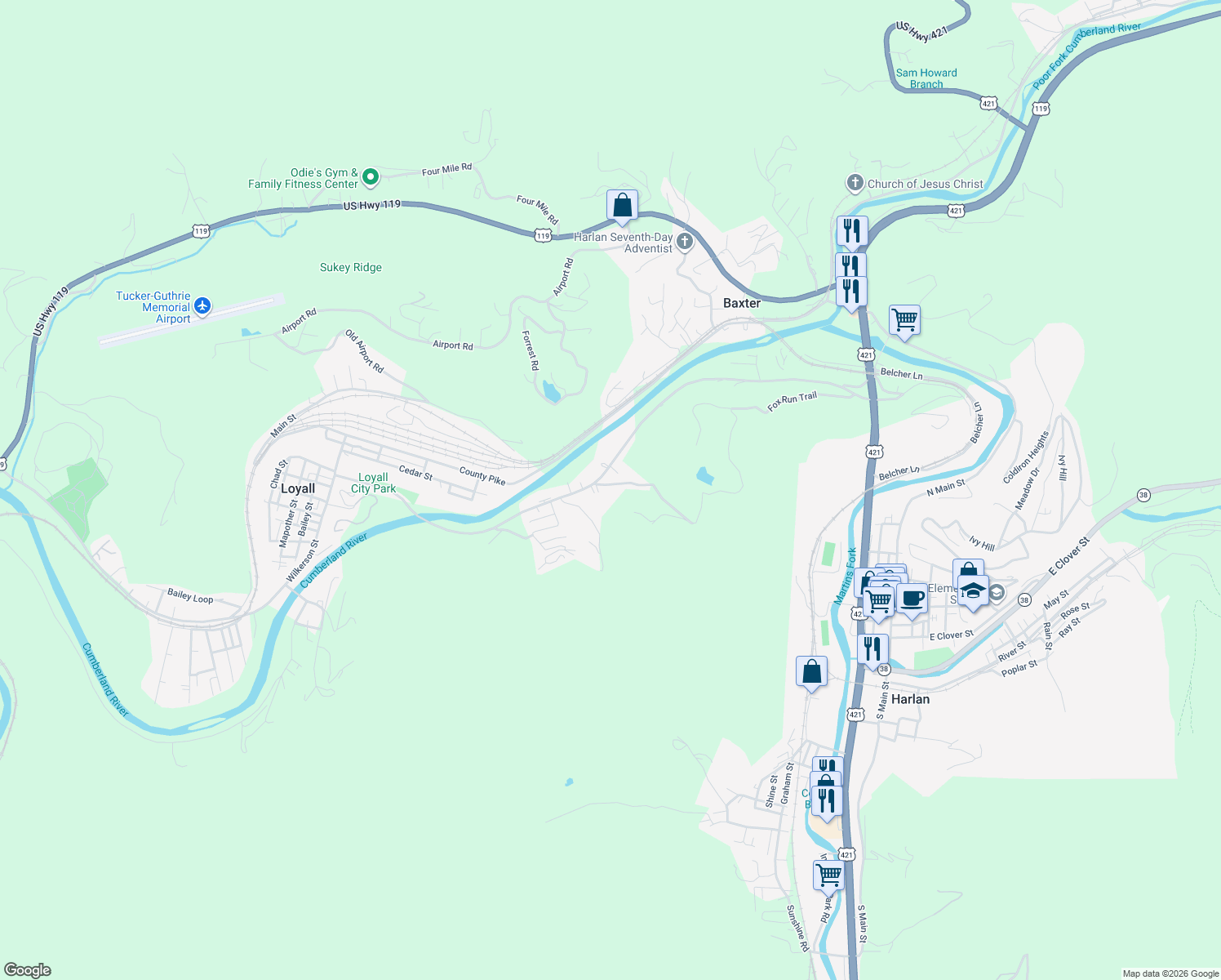 map of restaurants, bars, coffee shops, grocery stores, and more near 94 Wolf Hollow Road in Baxter